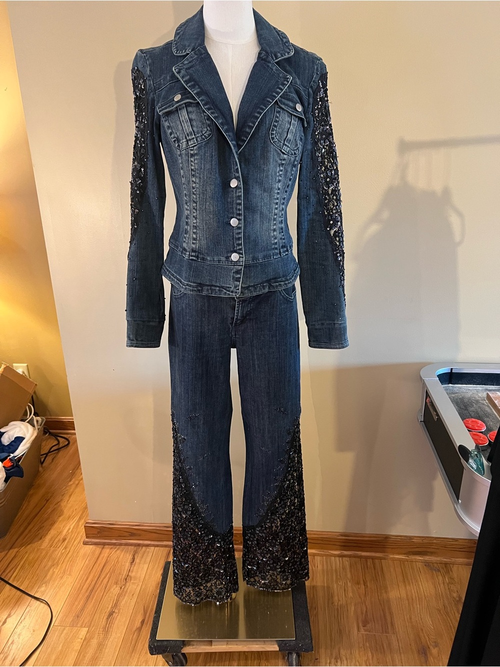 Cache Black Beaded Lace Denim Jacket & Pant Set